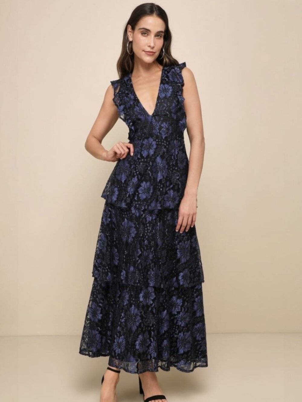Lulus Molinetto Navy Blue Lace Ruffled Tiered Sleeveless Maxi Dress NWT - Picture 5 of 16